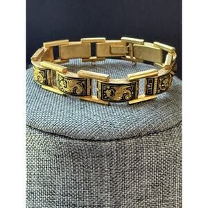 Vintage Damascene Link Bracelet Gold Tone Panel Station Classic Artsy 7.5”